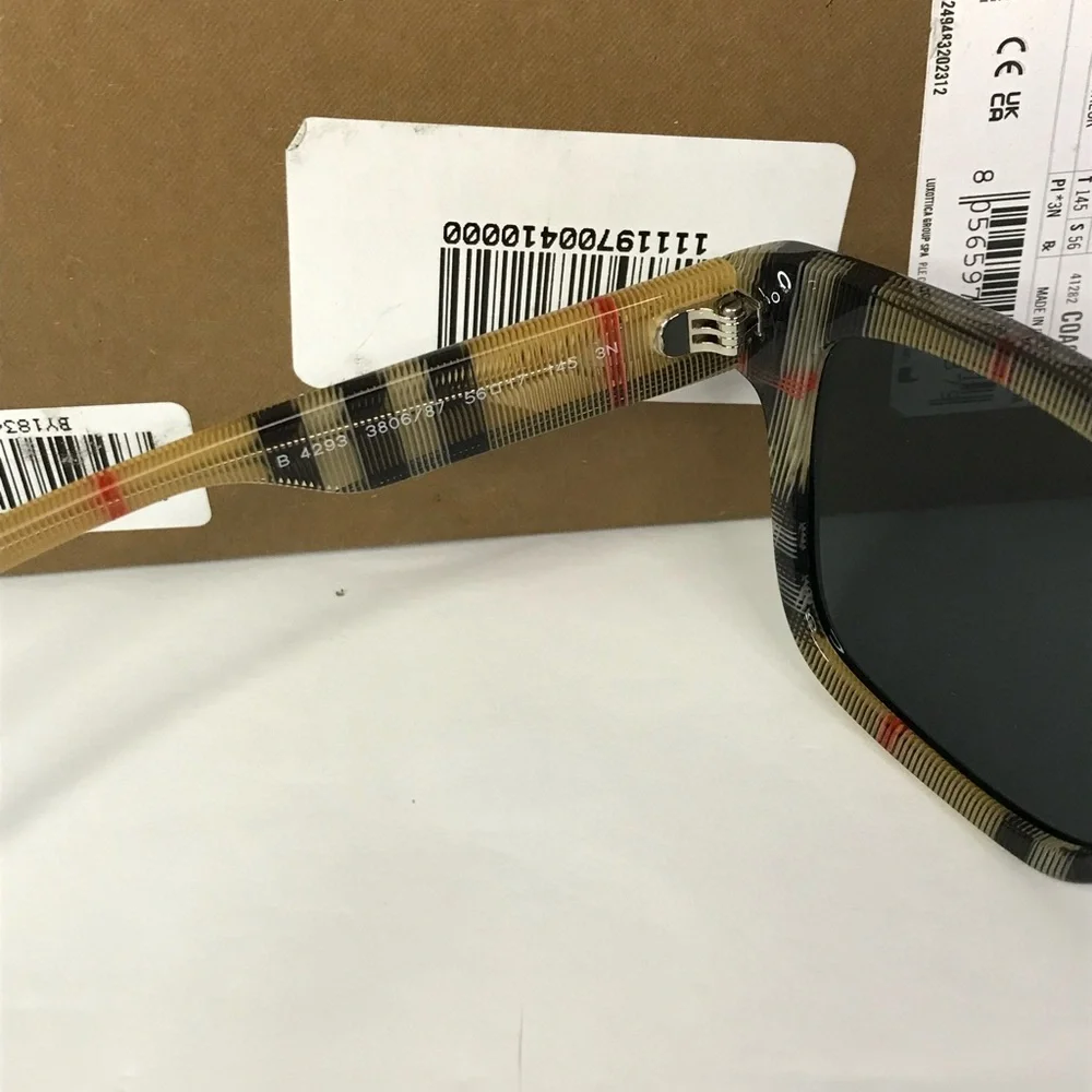 BURBERRY BE4293 380687 square sunglass black on vintage check framegrey lenses.